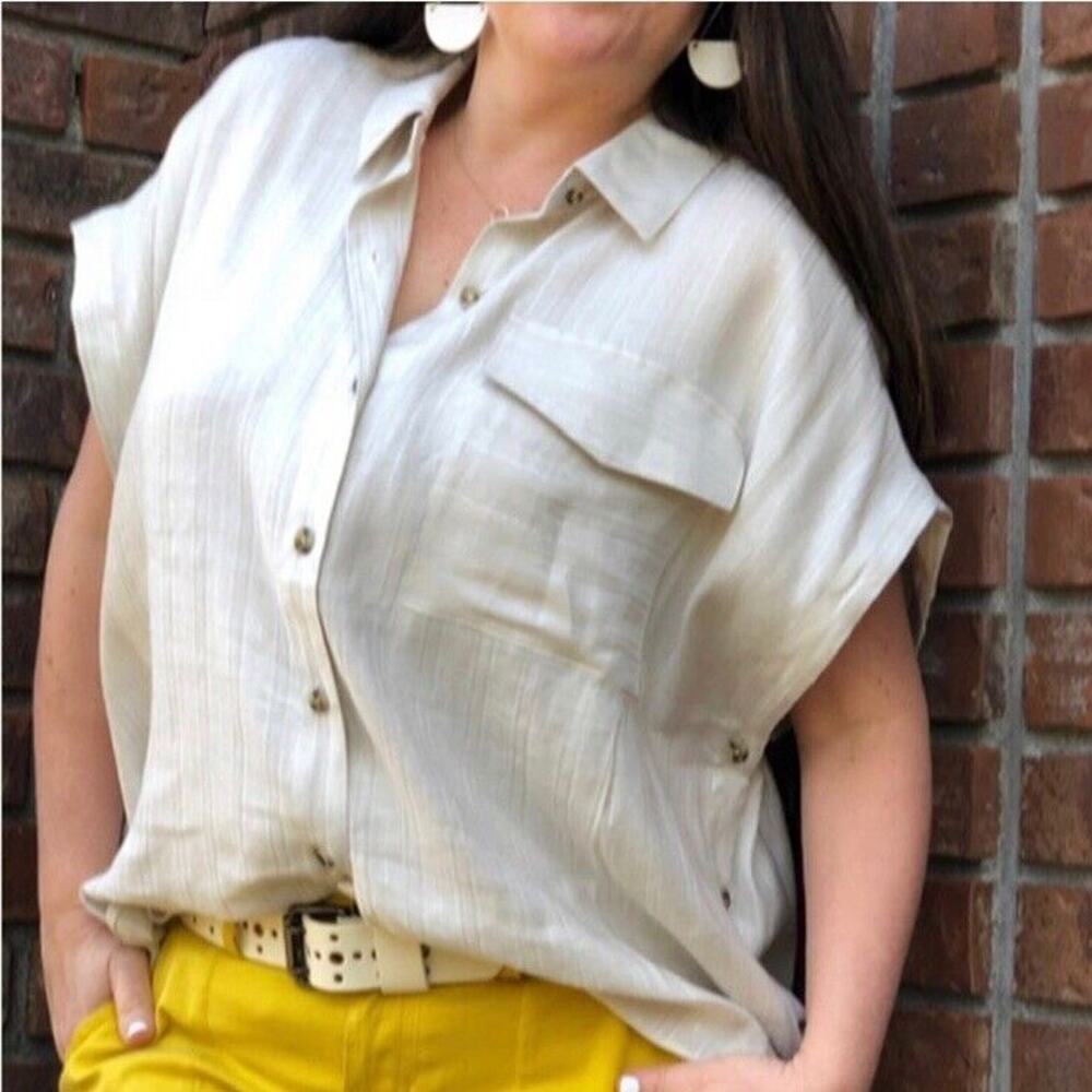 CAbi Cream Short Sleeve Button Front Blouse
